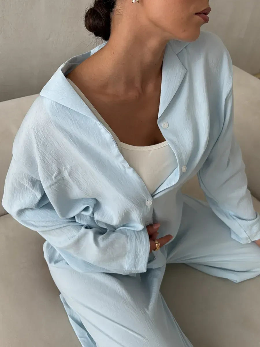 BabyBlue Women’s Cotton Lounge Pajama Set – Button-Up Shirt & Wide-Leg Pants