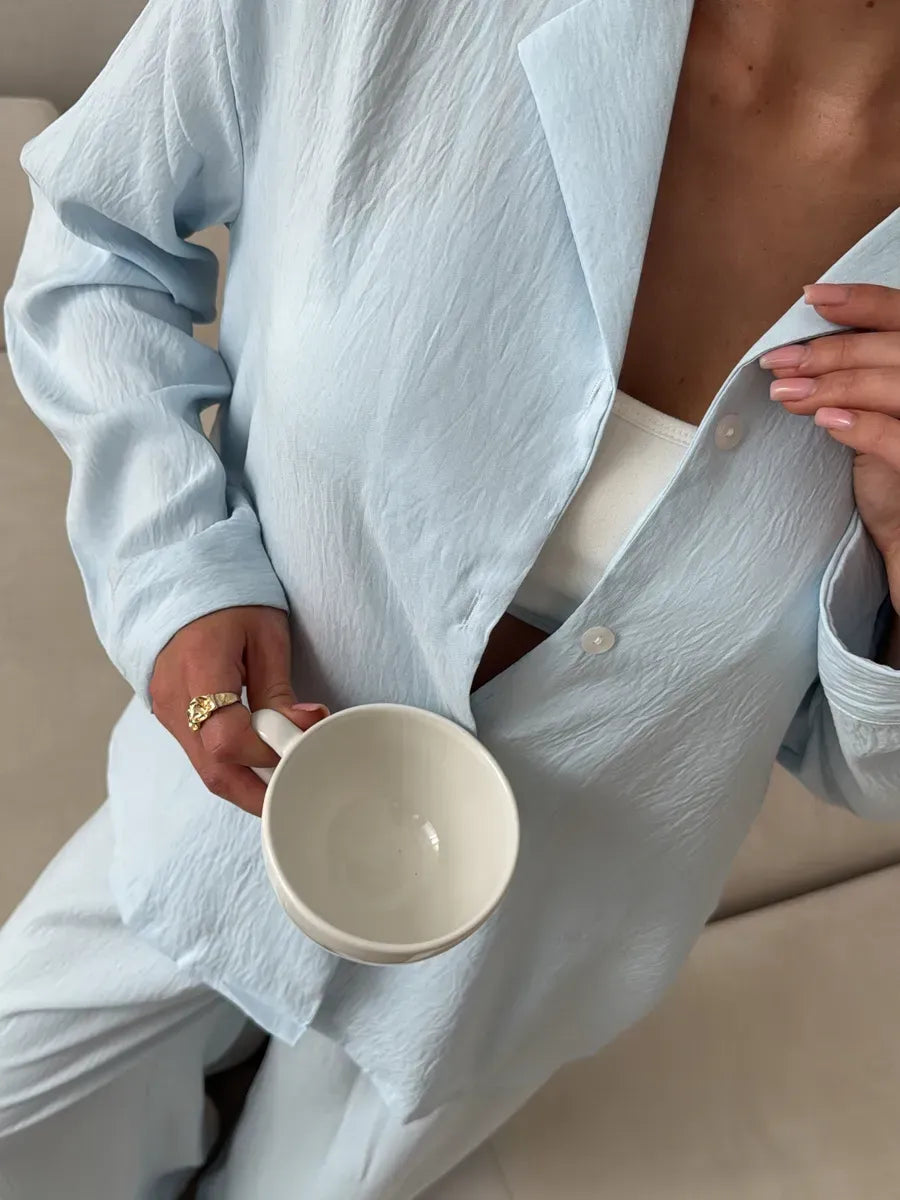 BabyBlue Women’s Cotton Lounge Pajama Set – Button-Up Shirt & Wide-Leg Pants