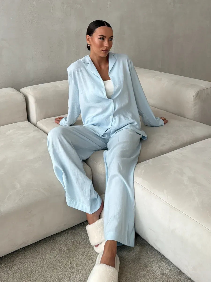 BabyBlue Women’s Cotton Lounge Pajama Set – Button-Up Shirt & Wide-Leg Pants