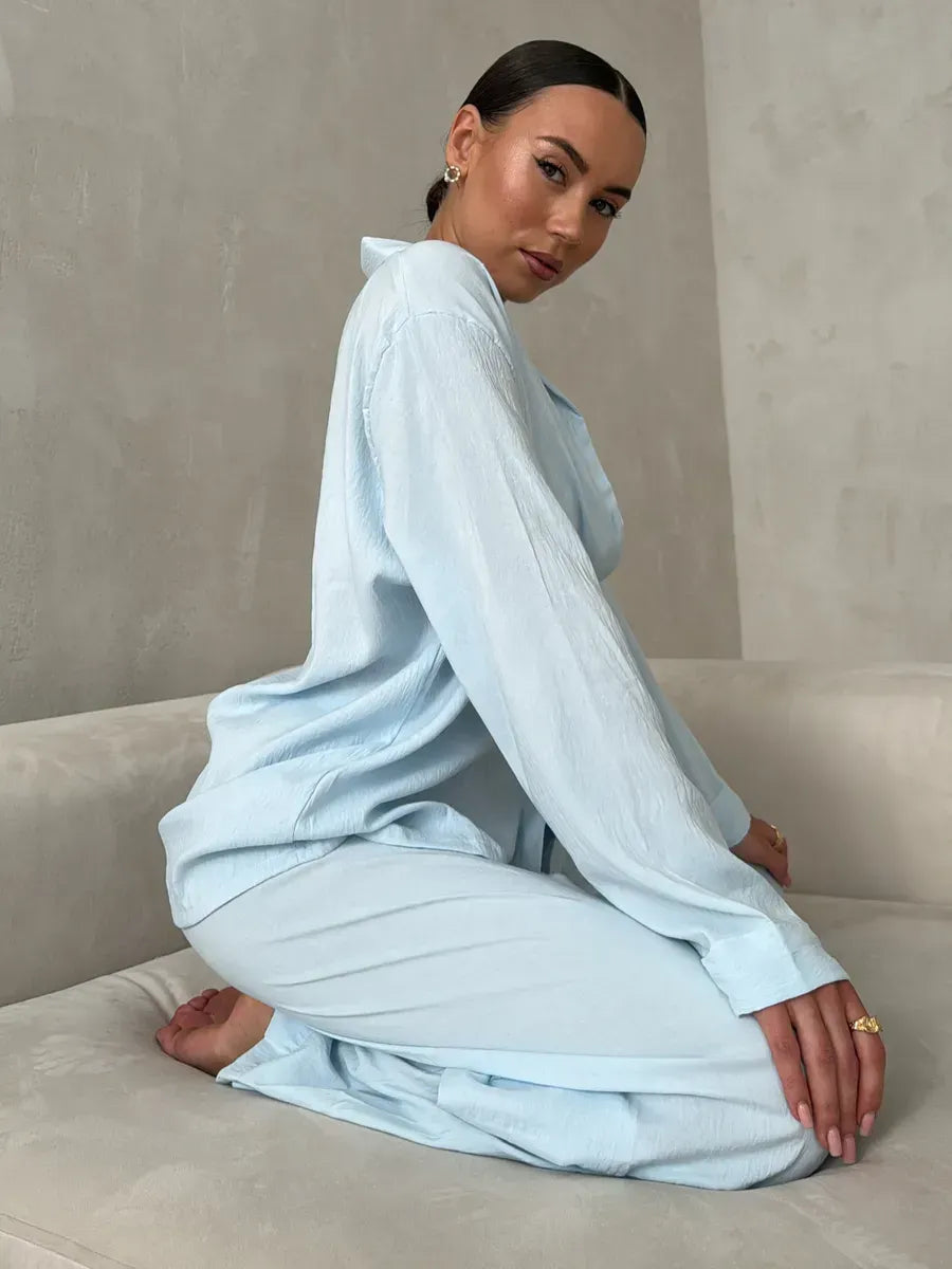BabyBlue Women’s Cotton Lounge Pajama Set – Button-Up Shirt & Wide-Leg Pants