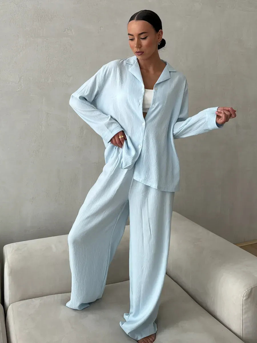 BabyBlue Women’s Cotton Lounge Pajama Set – Button-Up Shirt & Wide-Leg Pants