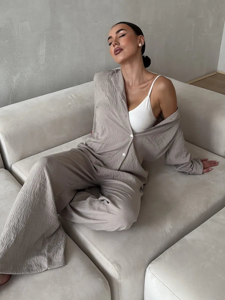 Beige Women’s Cotton Lounge Pajama Set – Button-Up Shirt & Wide-Leg Pants