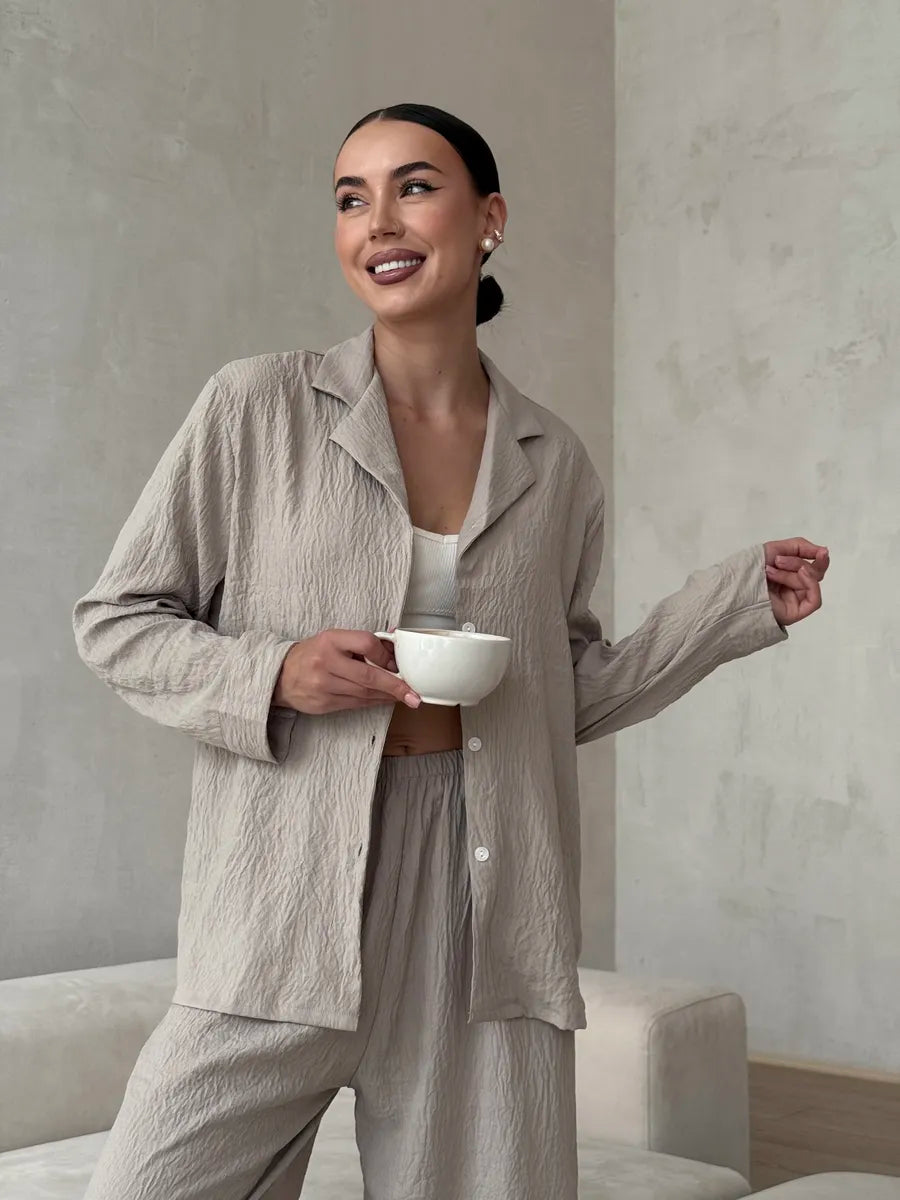 Beige Women’s Cotton Lounge Pajama Set – Button-Up Shirt & Wide-Leg Pants