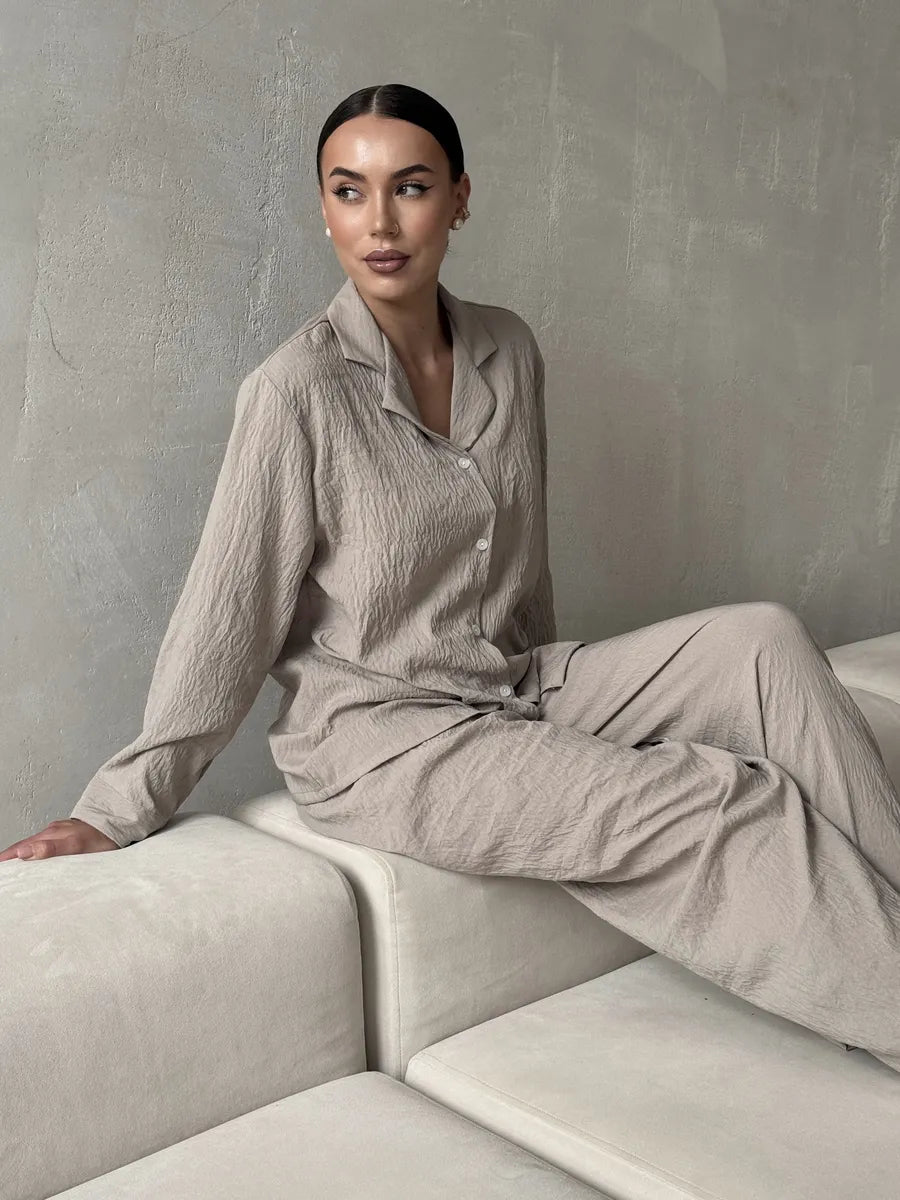 Beige Women’s Cotton Lounge Pajama Set – Button-Up Shirt & Wide-Leg Pants