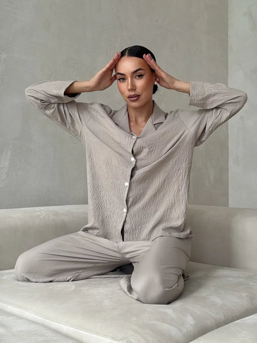 Beige Women’s Cotton Lounge Pajama Set – Button-Up Shirt & Wide-Leg Pants