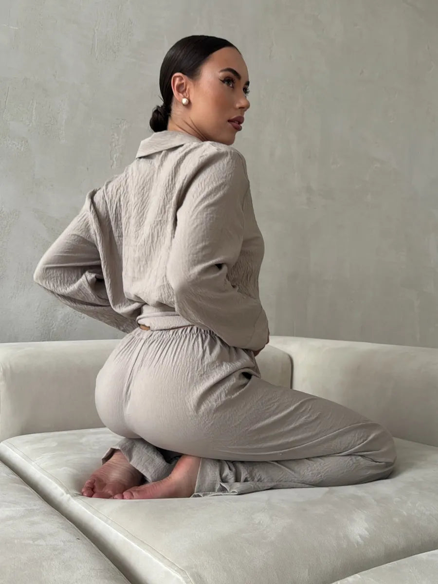 Beige Women’s Cotton Lounge Pajama Set – Button-Up Shirt & Wide-Leg Pants