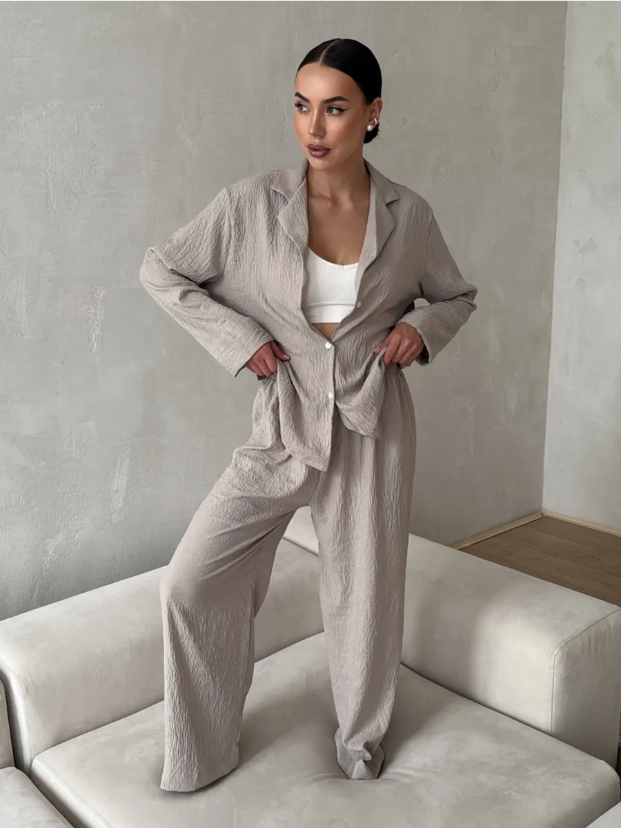 Beige Women’s Cotton Lounge Pajama Set – Button-Up Shirt & Wide-Leg Pants