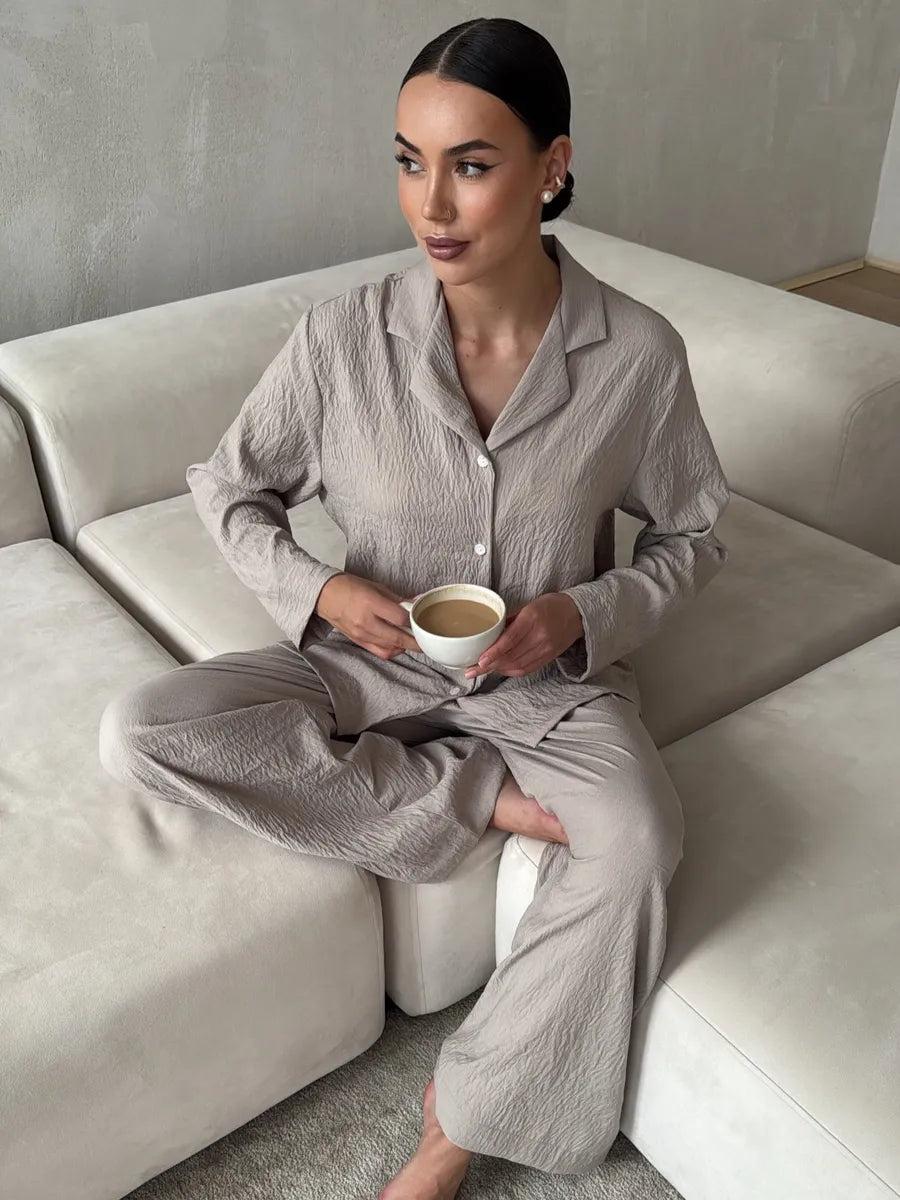 Beige Women’s Cotton Lounge Pajama Set – Button-Up Shirt & Wide-Leg Pants