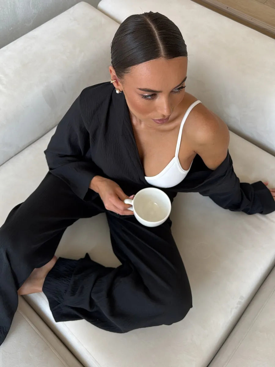 Black Women’s Cotton Lounge Pajama Set – Button-Up Shirt & Wide-Leg Pants