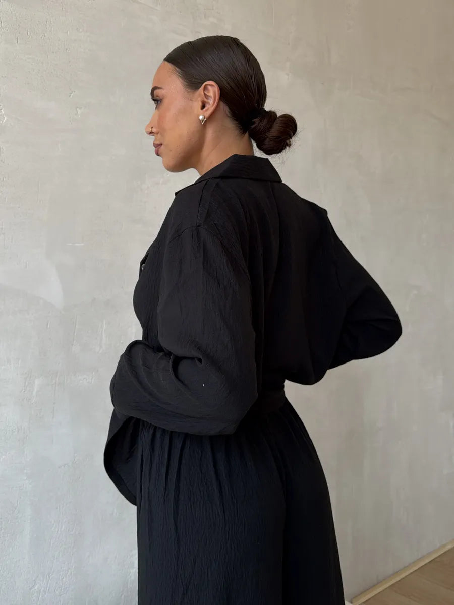 Black Women’s Cotton Lounge Pajama Set – Button-Up Shirt & Wide-Leg Pants