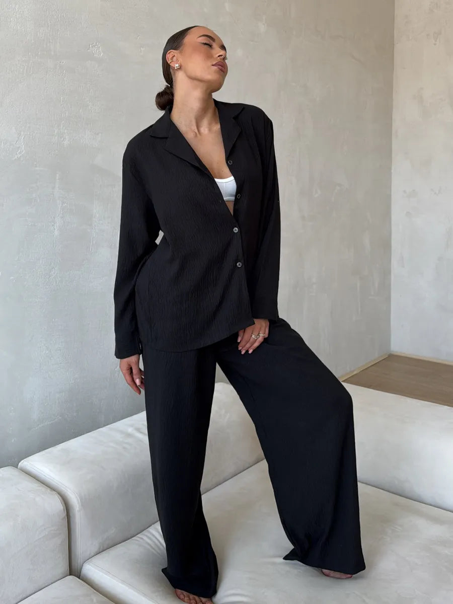 Black Women’s Cotton Lounge Pajama Set – Button-Up Shirt & Wide-Leg Pants