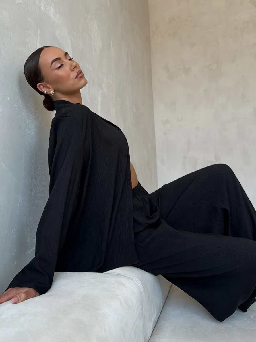 Black Women’s Cotton Lounge Pajama Set – Button-Up Shirt & Wide-Leg Pants