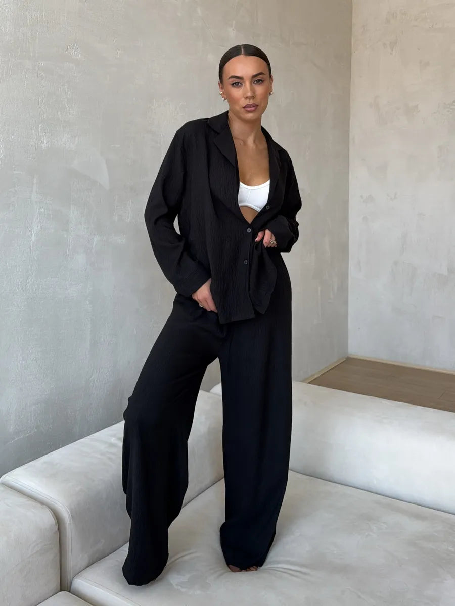 Black Women’s Cotton Lounge Pajama Set – Button-Up Shirt & Wide-Leg Pants