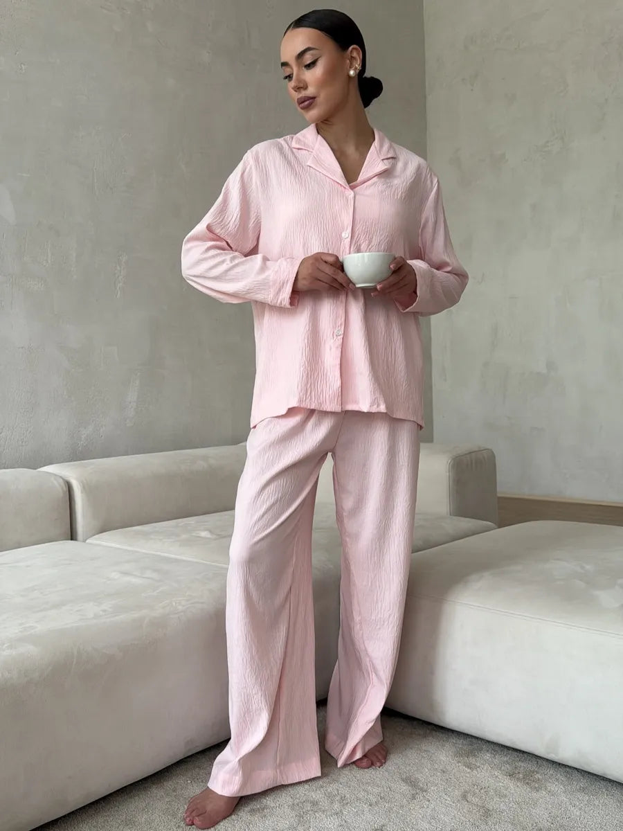 Pink Women’s Cotton Lounge Pajama Set – Button-Up Shirt & Wide-Leg Pants