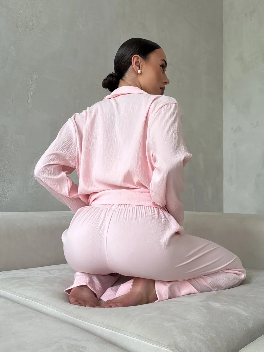 Pink Women’s Cotton Lounge Pajama Set – Button-Up Shirt & Wide-Leg Pants