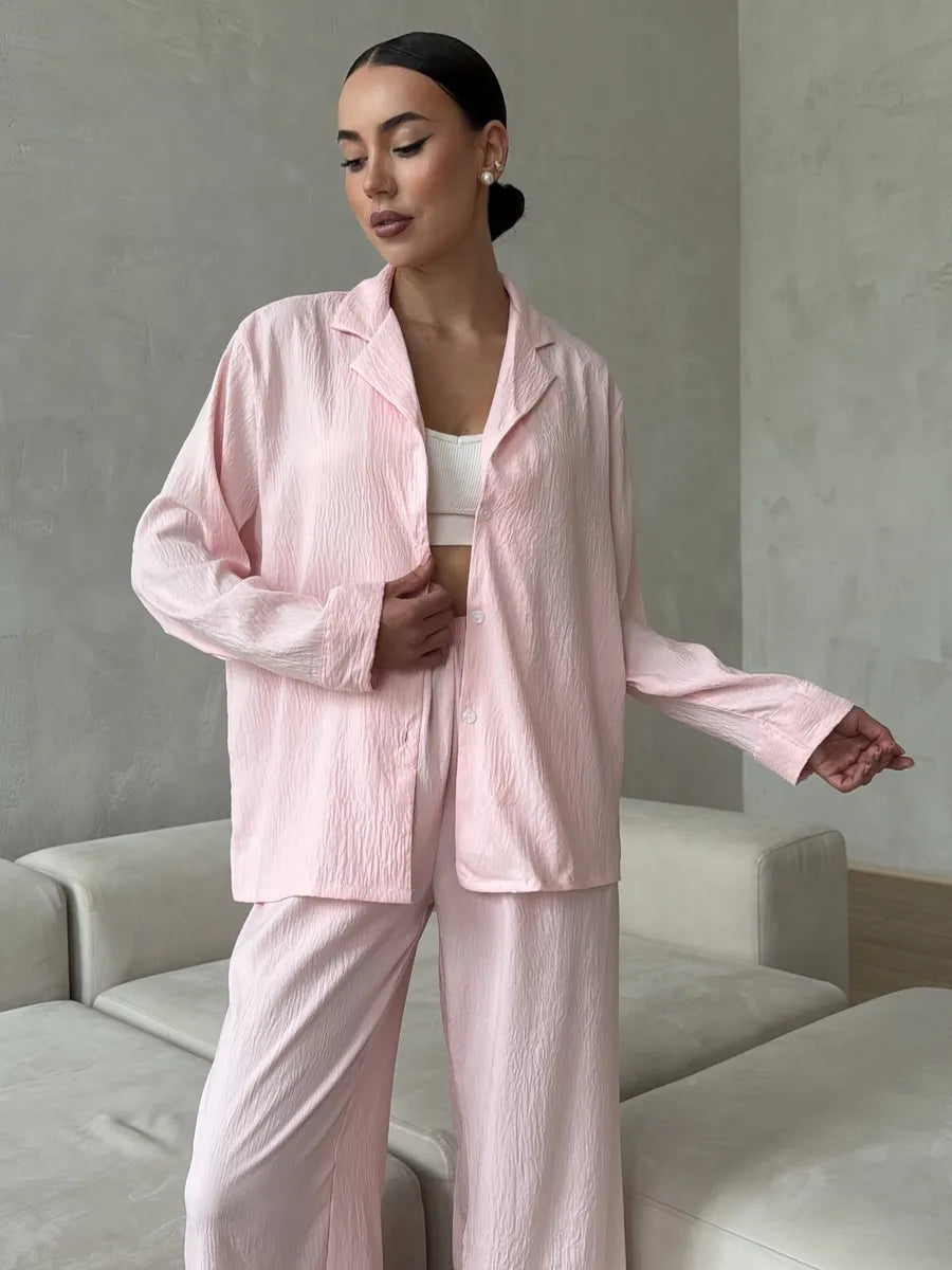 Pink Women’s Cotton Lounge Pajama Set – Button-Up Shirt & Wide-Leg Pants