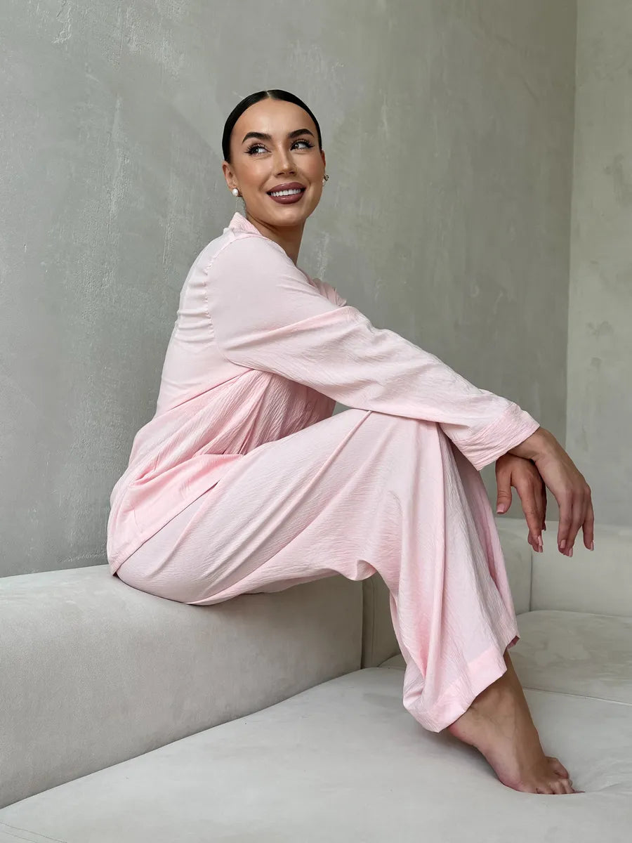 Pink Women’s Cotton Lounge Pajama Set – Button-Up Shirt & Wide-Leg Pants