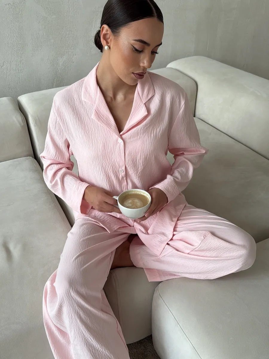 Pink Women’s Cotton Lounge Pajama Set – Button-Up Shirt & Wide-Leg Pants