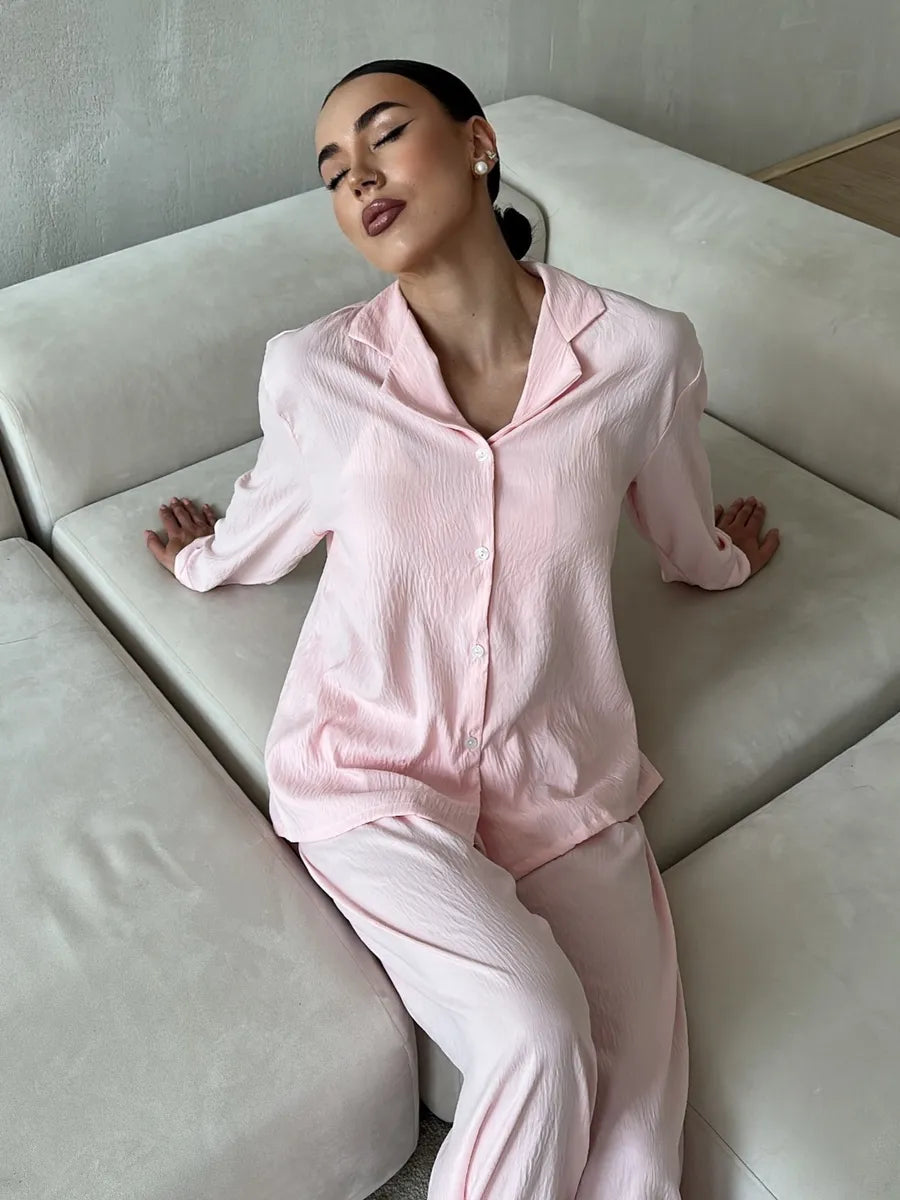 Pink Women’s Cotton Lounge Pajama Set – Button-Up Shirt & Wide-Leg Pants