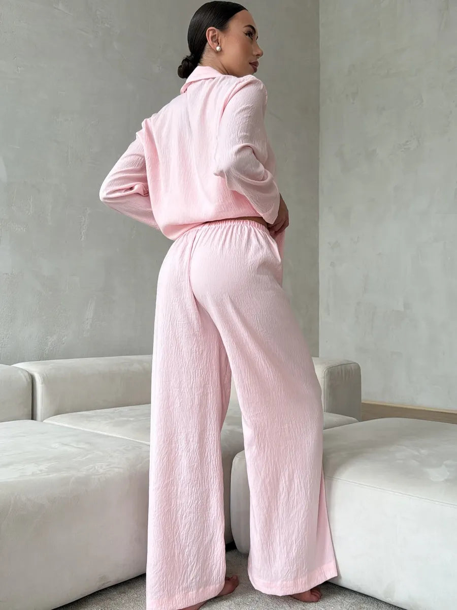 Pink Women’s Cotton Lounge Pajama Set – Button-Up Shirt & Wide-Leg Pants