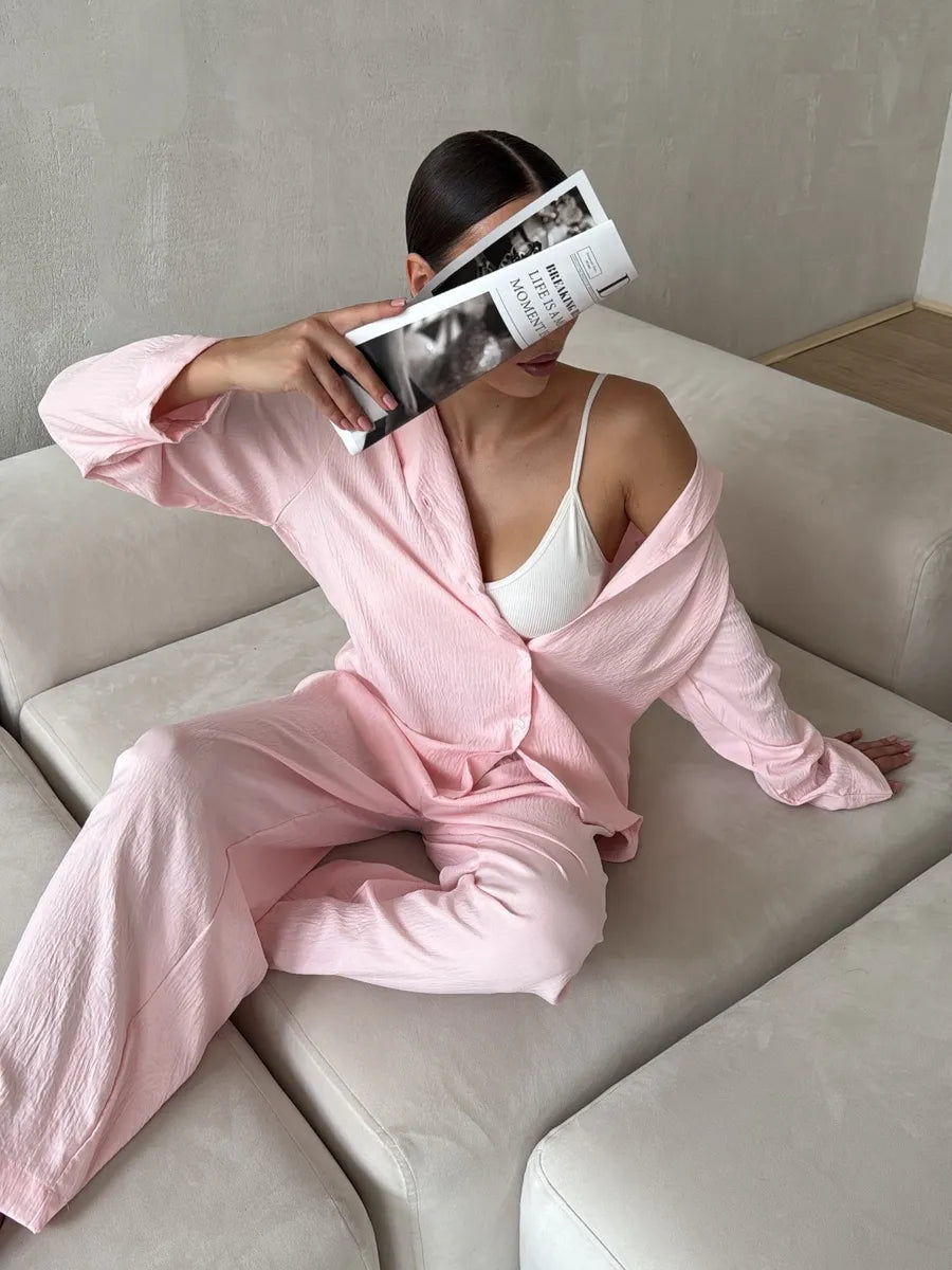 Pink Women’s Cotton Lounge Pajama Set – Button-Up Shirt & Wide-Leg Pants