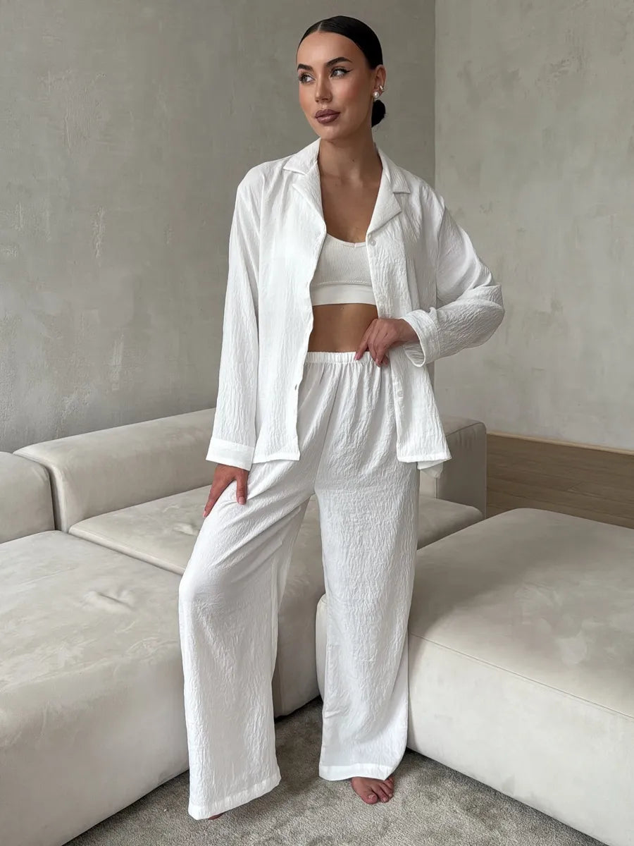 White Women’s Cotton Lounge Pajama Set – Button-Up Shirt & Wide-Leg Pants