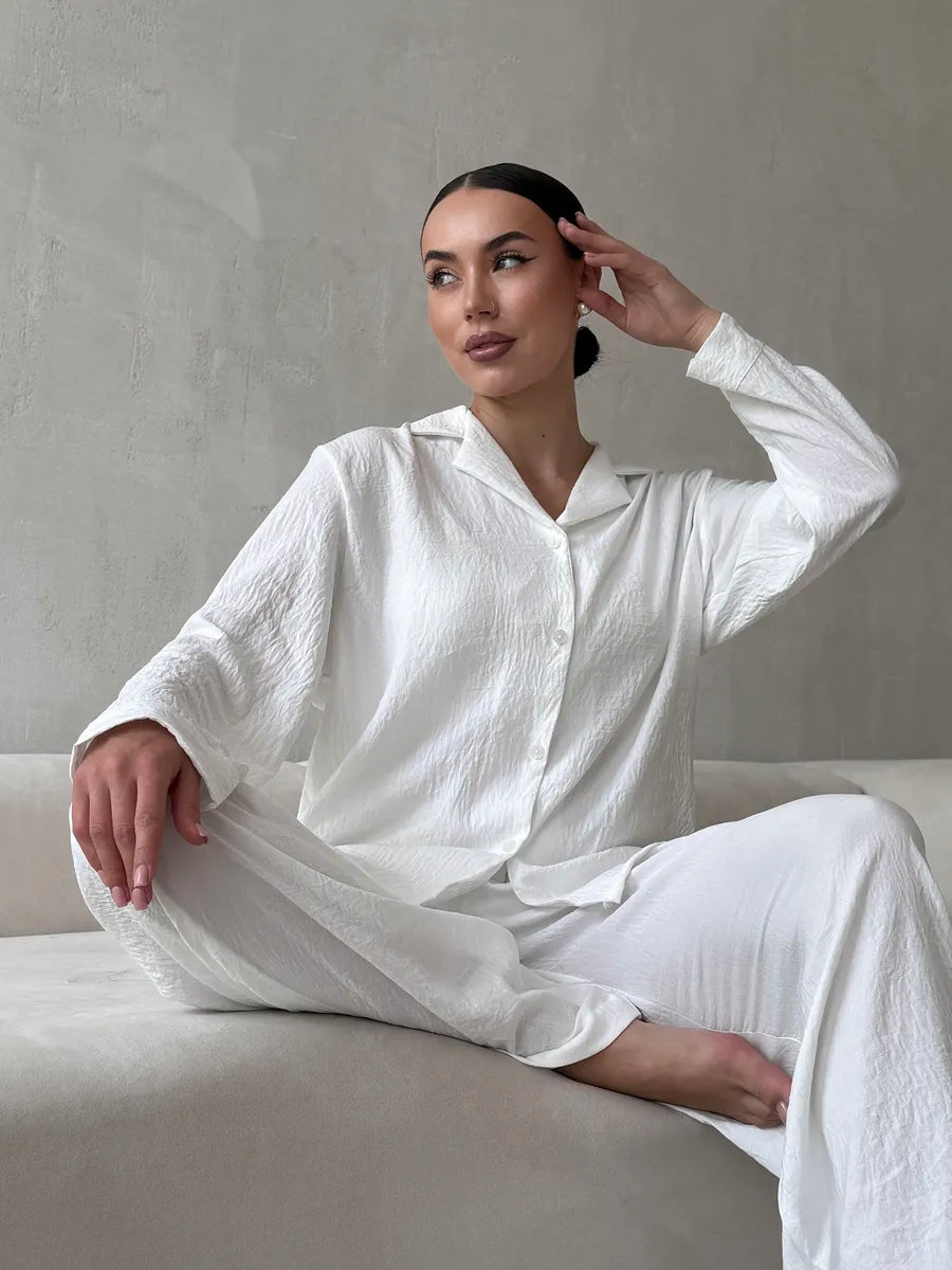 White Women’s Cotton Lounge Pajama Set – Button-Up Shirt & Wide-Leg Pants