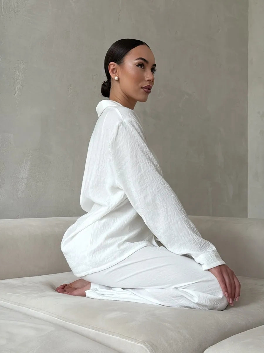 White Women’s Cotton Lounge Pajama Set – Button-Up Shirt & Wide-Leg Pants