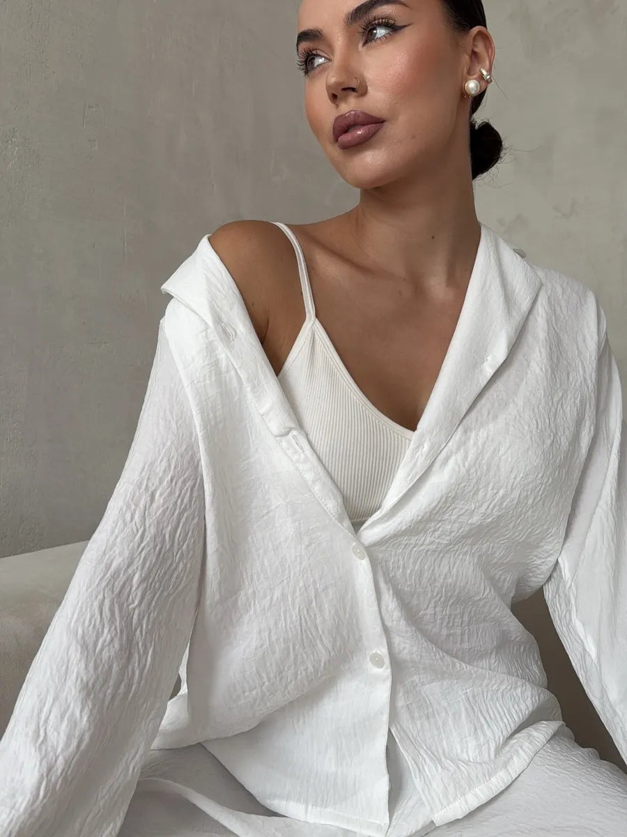 White Women’s Cotton Lounge Pajama Set – Button-Up Shirt & Wide-Leg Pants