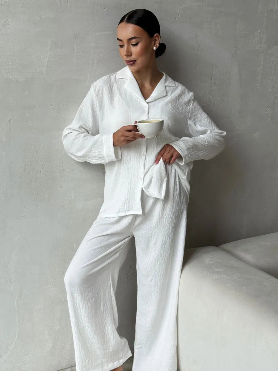 White Women’s Cotton Lounge Pajama Set – Button-Up Shirt & Wide-Leg Pants