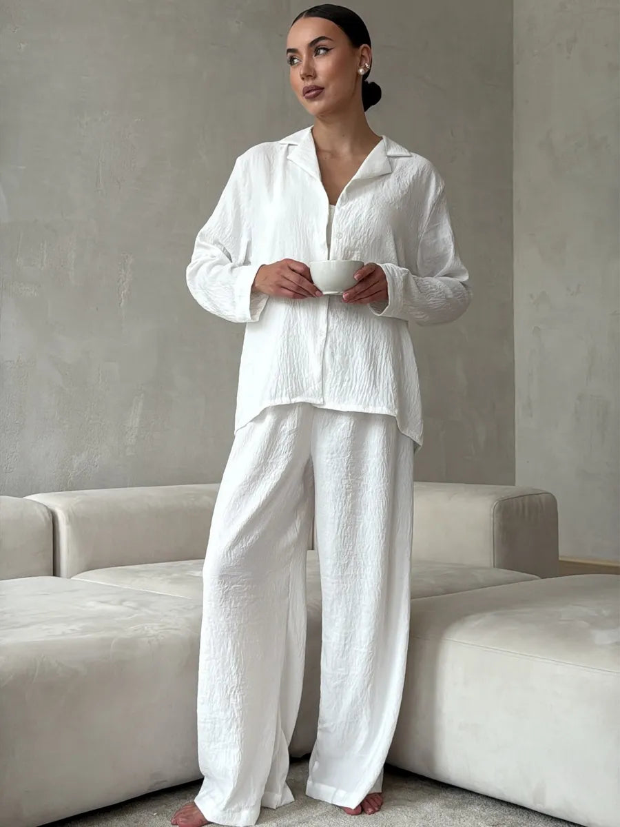 White Women’s Cotton Lounge Pajama Set – Button-Up Shirt & Wide-Leg Pants