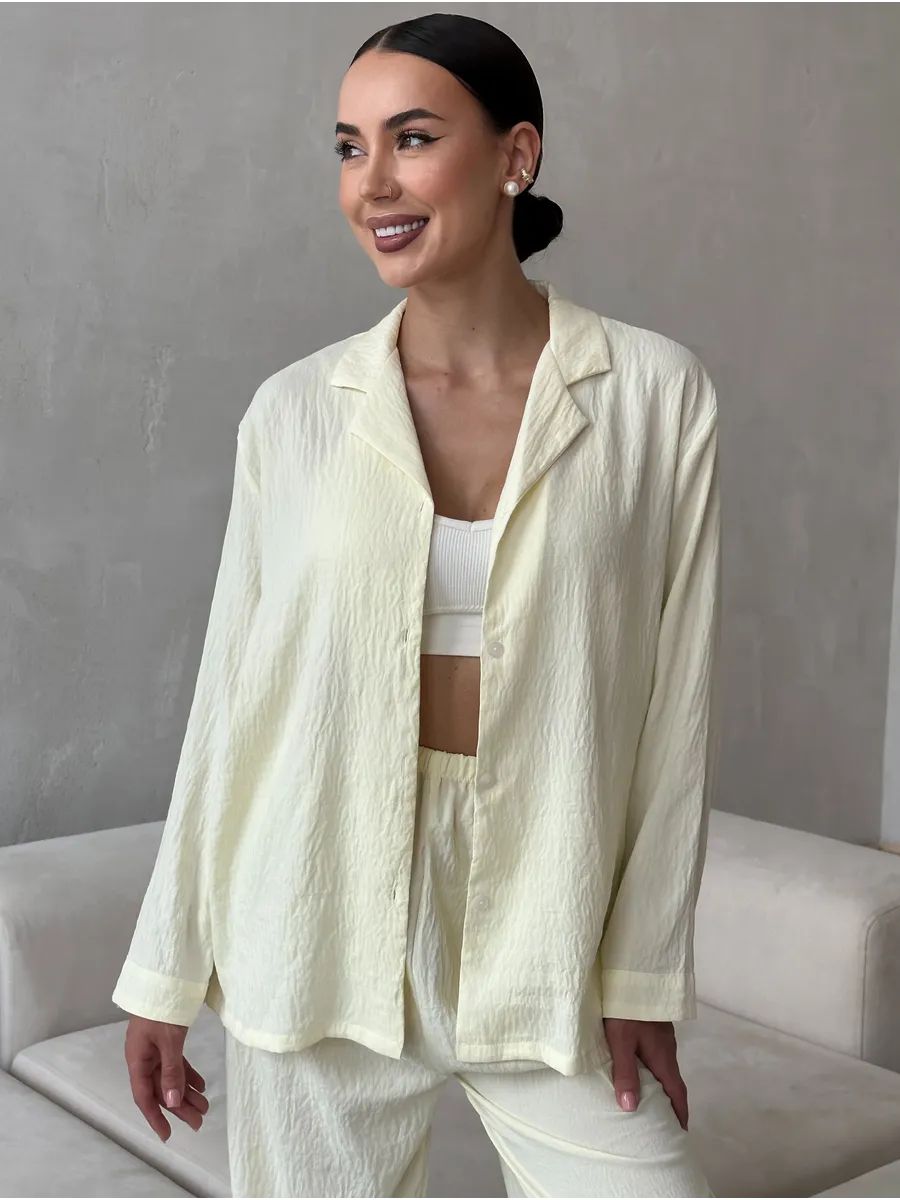 Yellow Women’s Cotton Lounge Pajama Set – Button-Up Shirt & Wide-Leg Pants