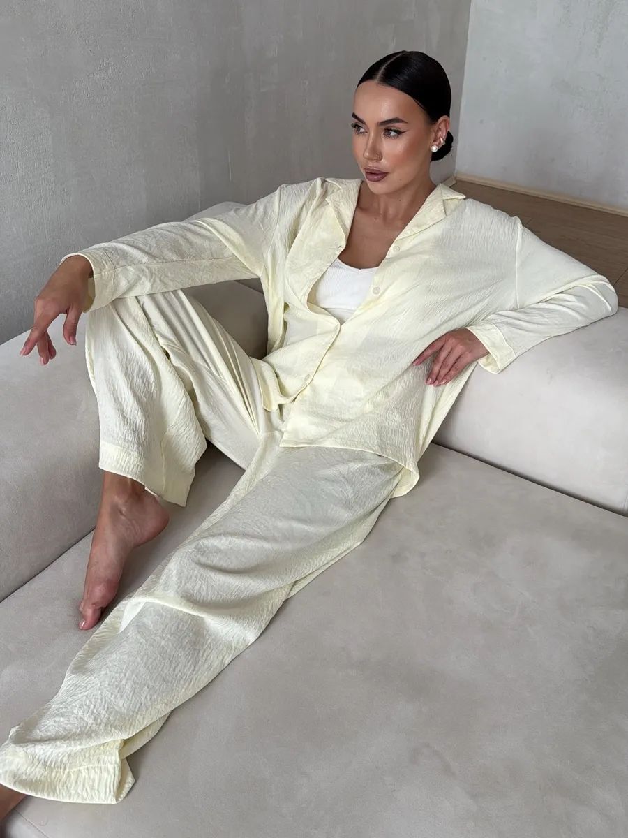Yellow Women’s Cotton Lounge Pajama Set – Button-Up Shirt & Wide-Leg Pants