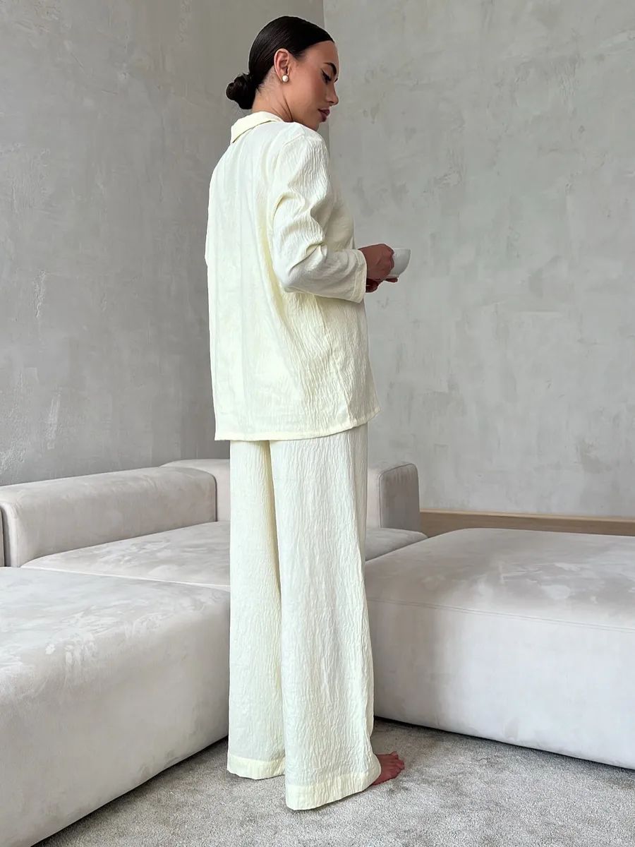 Yellow Women’s Cotton Lounge Pajama Set – Button-Up Shirt & Wide-Leg Pants