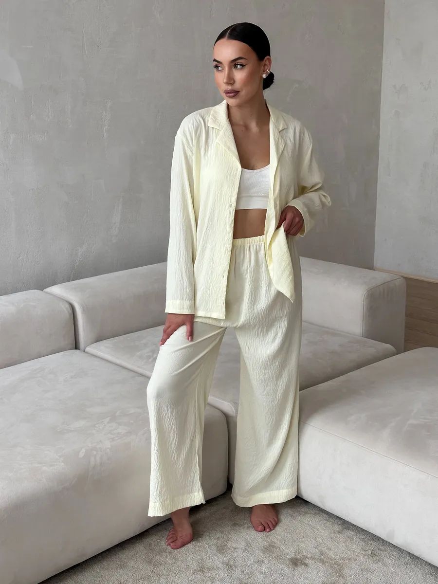 Yellow Women’s Cotton Lounge Pajama Set – Button-Up Shirt & Wide-Leg Pants
