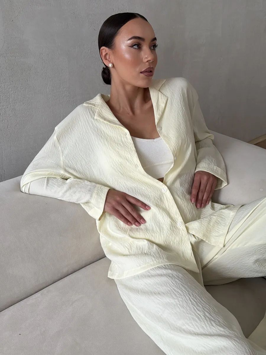 Yellow Women’s Cotton Lounge Pajama Set – Button-Up Shirt & Wide-Leg Pants
