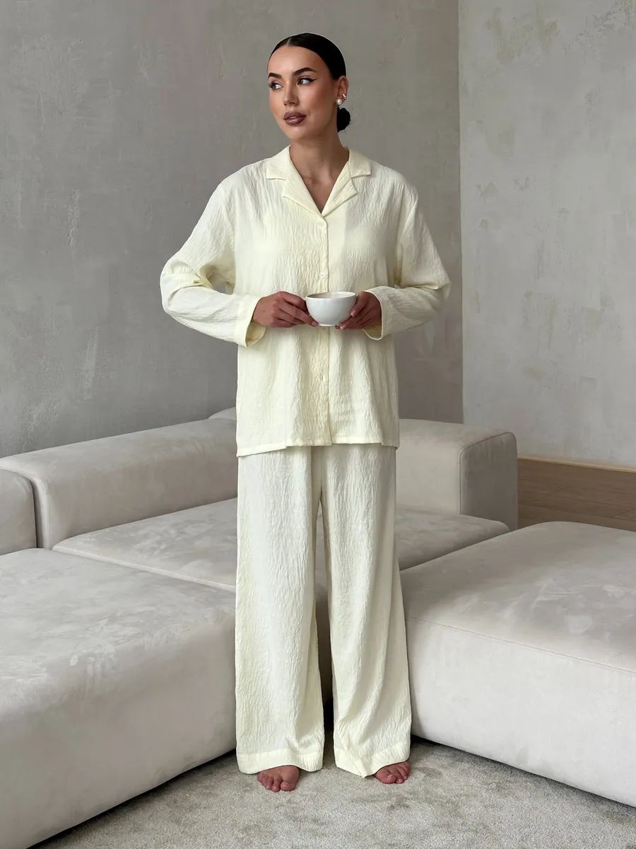 Yellow Women’s Cotton Lounge Pajama Set – Button-Up Shirt & Wide-Leg Pants