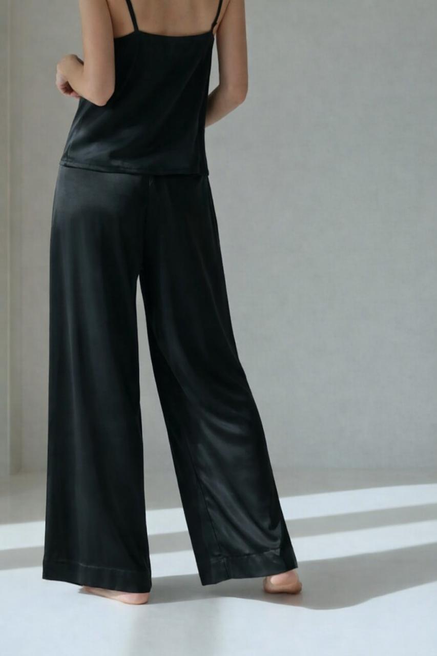 Black Satin Women's Pajama Set – Camisole Top & Wide-Leg Pants