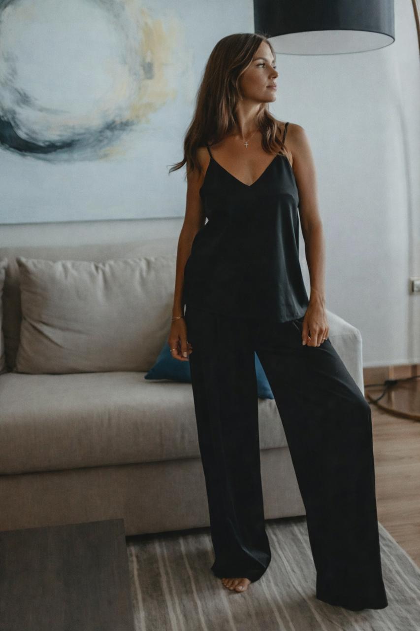 Black Satin Women's Pajama Set – Camisole Top & Wide-Leg Pants
