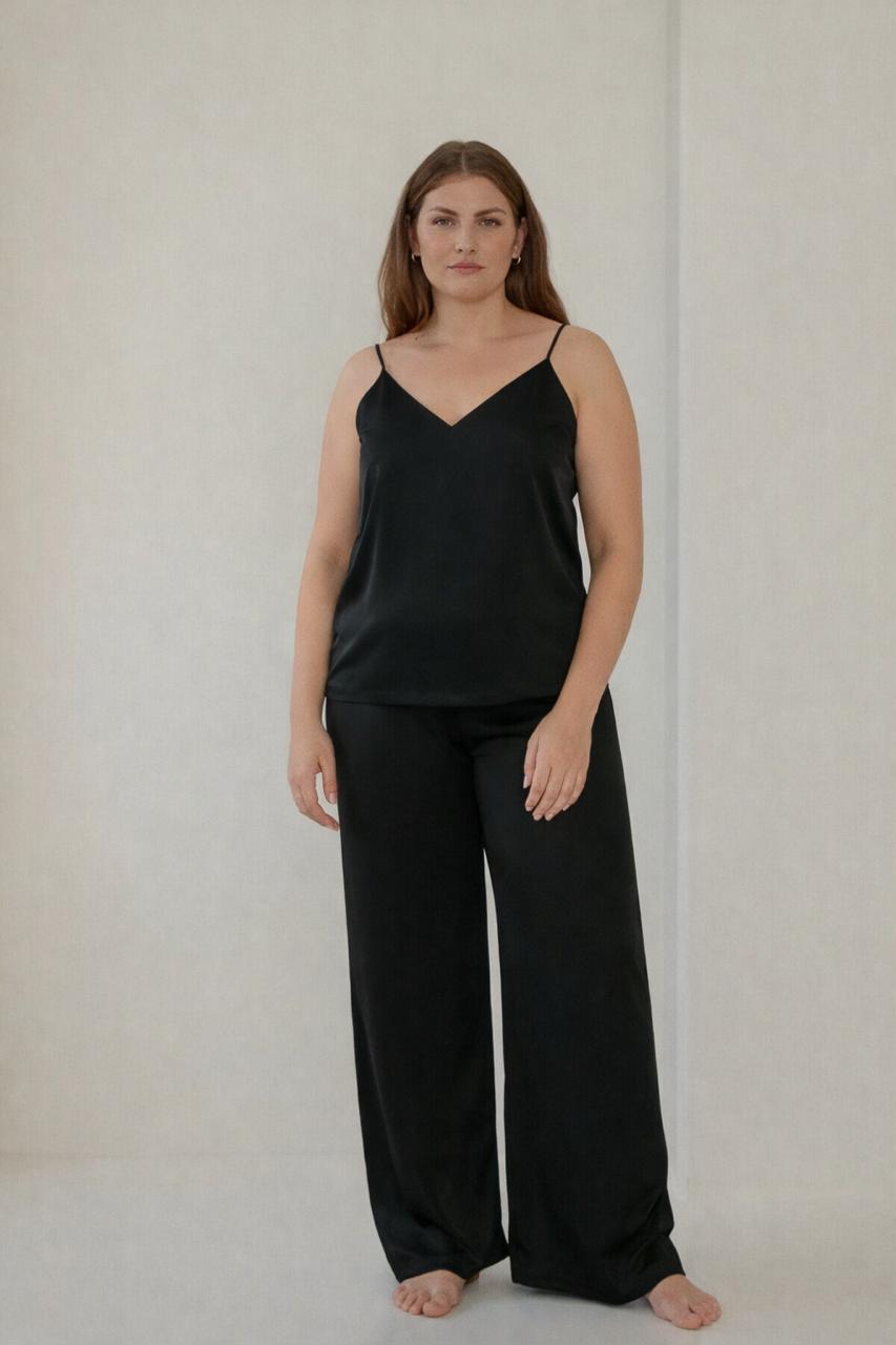 Black Satin Women's Pajama Set – Camisole Top & Wide-Leg Pants