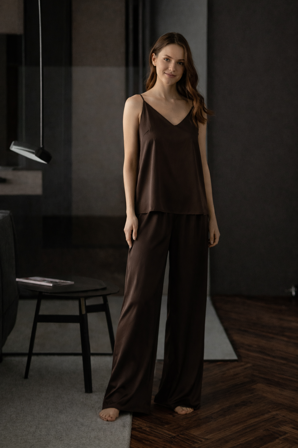 Brown Satin Women's Pajama Set – Camisole Top & Wide-Leg Pants