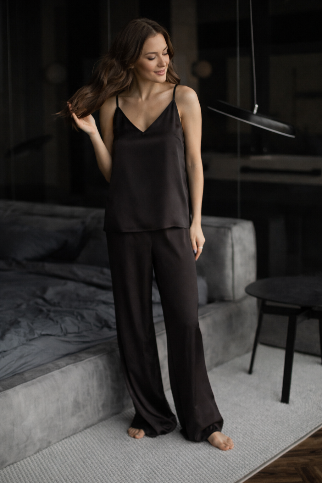 Brown Satin Women's Pajama Set – Camisole Top & Wide-Leg Pants