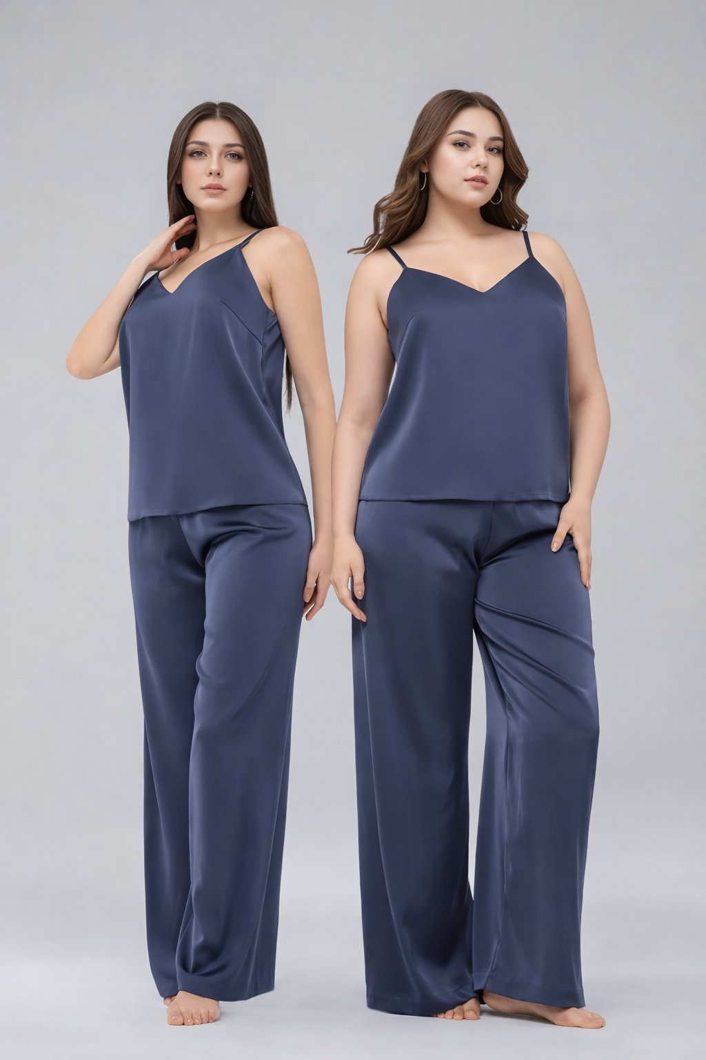 Navy Satin Women's Pajama Set – Camisole Top & Wide-Leg Pants