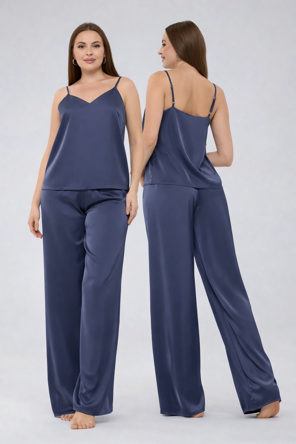 Navy Satin Women's Pajama Set – Camisole Top & Wide-Leg Pants