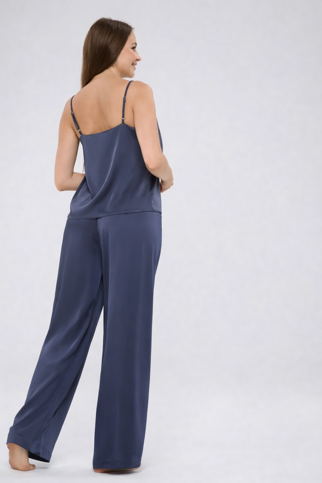 Navy Satin Women's Pajama Set – Camisole Top & Wide-Leg Pants