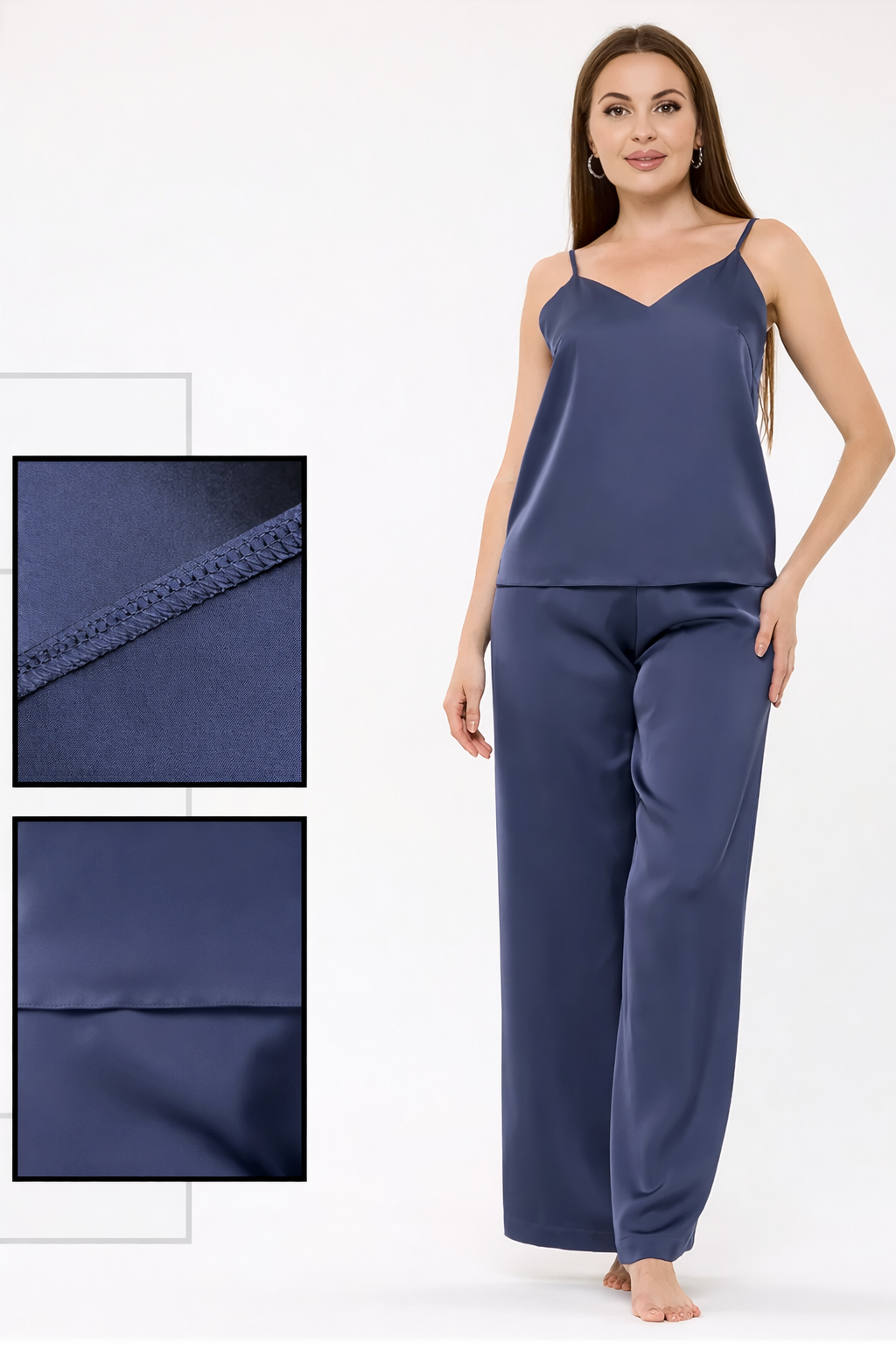 Navy Satin Women's Pajama Set – Camisole Top & Wide-Leg Pants