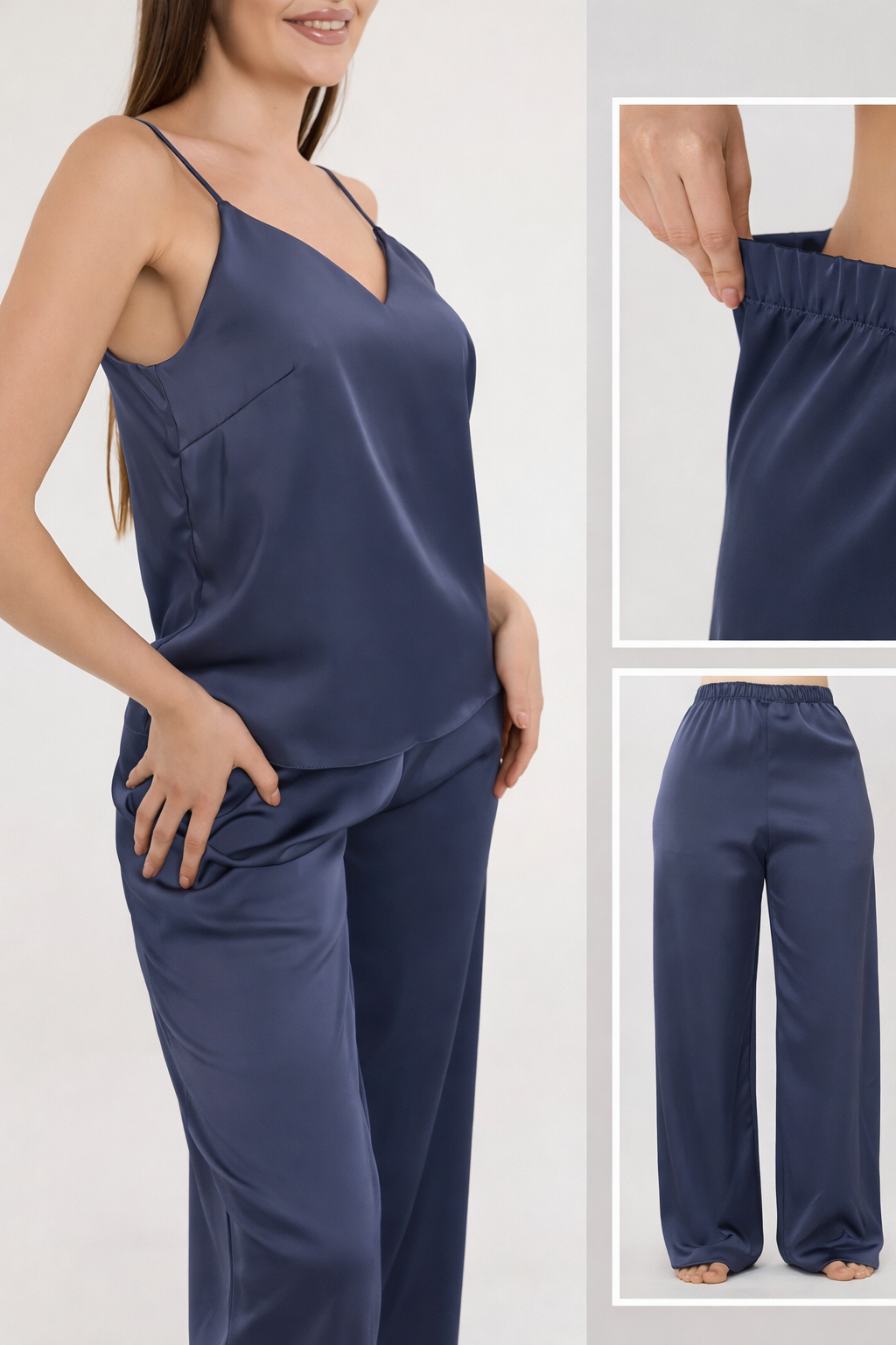 Navy Satin Women's Pajama Set – Camisole Top & Wide-Leg Pants